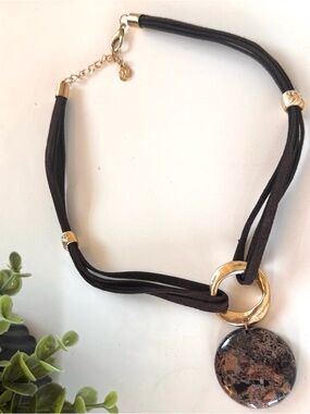Women’s Brown Suede Necklace with Gold Accent and Stone Pendant